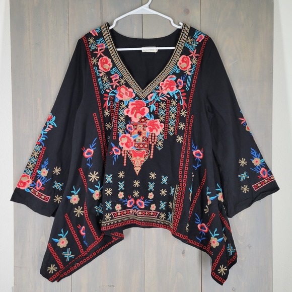 Yzxdorwj Tops - YZXDORWJ Embroidered Tunic Top Women S Black Red Artisan Boho Peasant